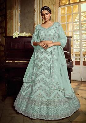 Sky Blue Embroidered Crepe Lehenga Set