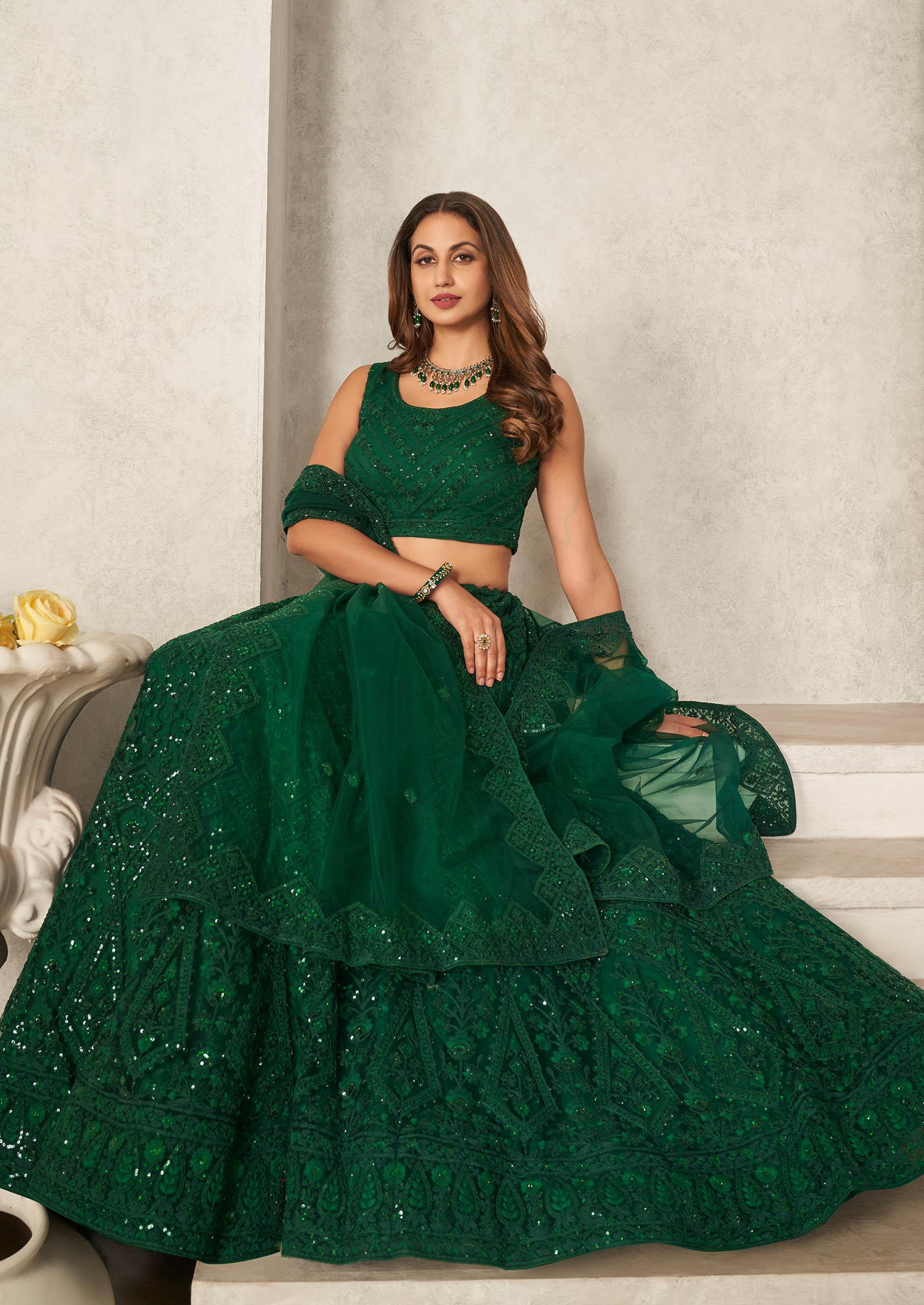 Buy Women Green Zari Embroidered Soft Net Lehenga Set - XLH02810 - Wedding Edit - Indya Buy Women Green Zari Embroidered Soft Net Lehenga Set - XLH02810 - Wedding Edit - Indya