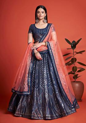 Blue Sequin Embroidered Georgette Lehenga Set