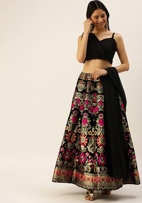 Black Zari Woven Banarasi Silk Lehenga Set