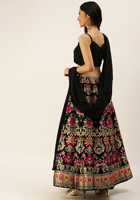 Black Zari Woven Banarasi Silk Lehenga Set