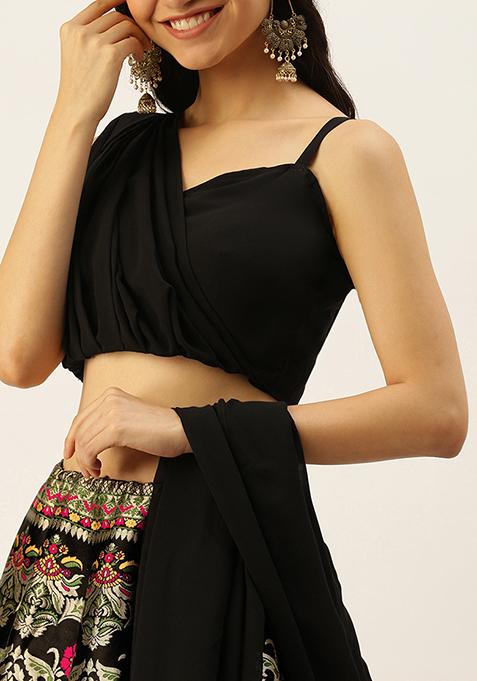 Black Zari Woven Banarasi Silk Lehenga Set