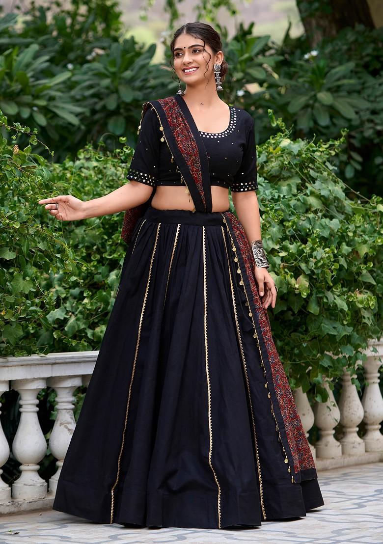 Black Gota Embroidered Cotton Lehenga Set With Purse