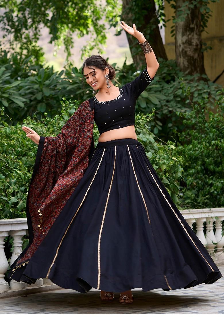 Black Gota Embroidered Cotton Lehenga Set With Purse