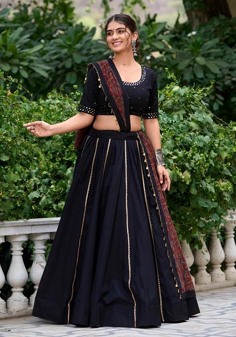 Black Gota Embroidered Cotton Lehenga Set With Purse