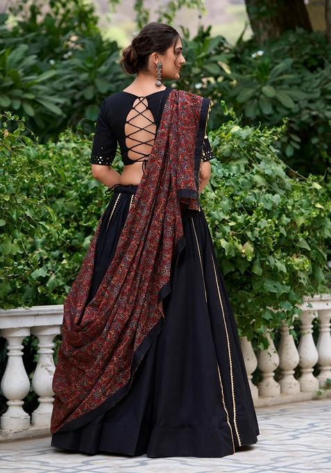 Black Gota Embroidered Cotton Lehenga Set With Purse