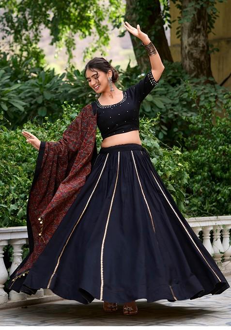Black Gota Embroidered Cotton Lehenga Set With Purse