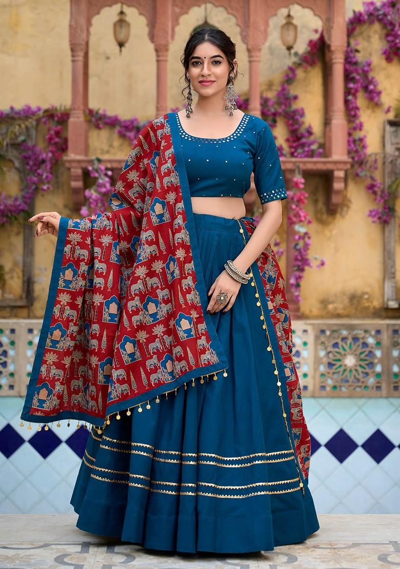 Firozi Gota Embroidered Cotton Lehenga Set With Purse