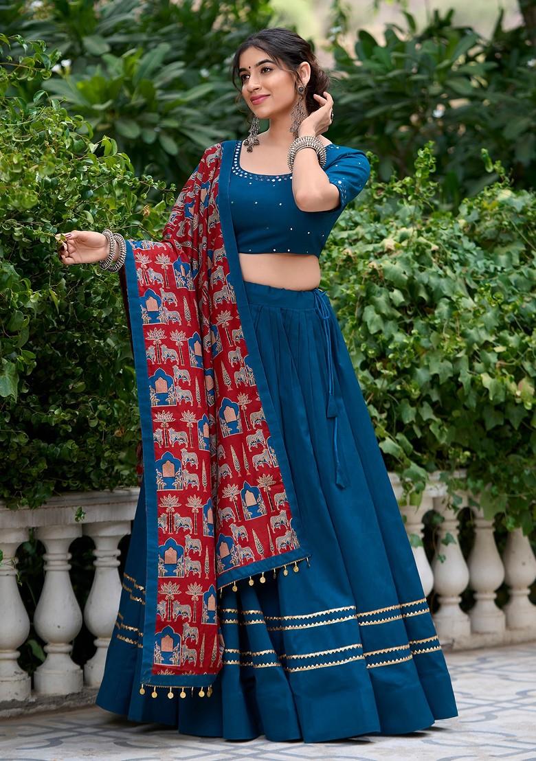 Firozi Gota Embroidered Cotton Lehenga Set With Purse