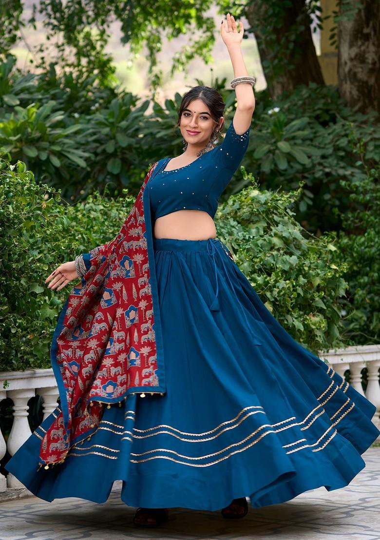 Firozi Gota Embroidered Cotton Lehenga Set With Purse