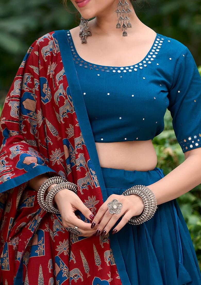 Firozi Gota Embroidered Cotton Lehenga Set With Purse