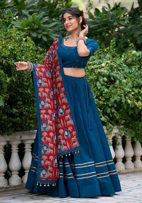 Firozi Gota Embroidered Cotton Lehenga Set With Purse