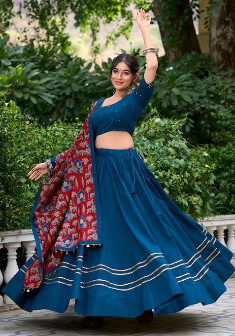 Firozi Gota Embroidered Cotton Lehenga Set With Purse