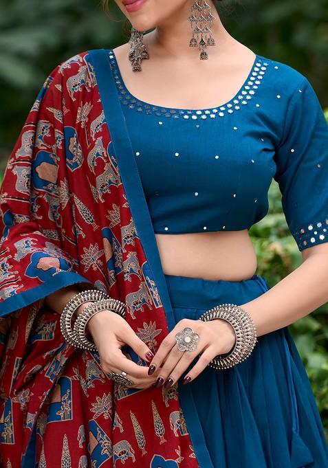 Firozi Gota Embroidered Cotton Lehenga Set With Purse