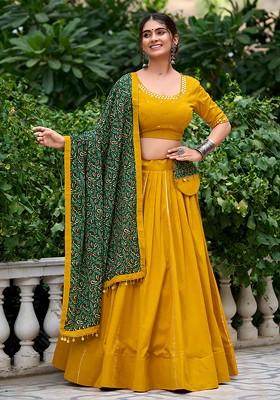Mustard Gota Embroidered Cotton Lehenga Set With Purse