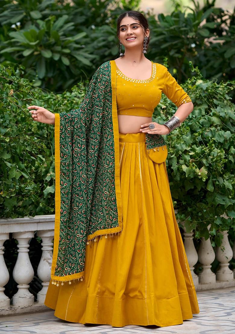 Mustard Gota Embroidered Cotton Lehenga Set With Purse