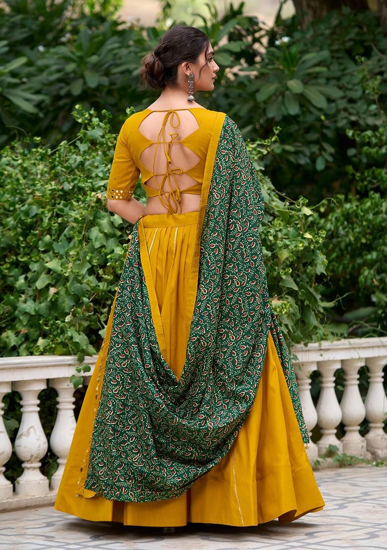 Mustard Gota Embroidered Cotton Lehenga Set With Purse