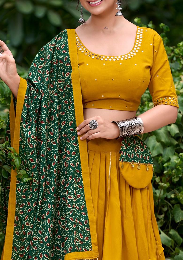 Mustard Gota Embroidered Cotton Lehenga Set With Purse
