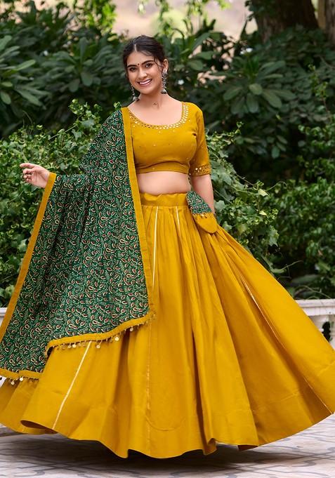 Mustard Gota Embroidered Cotton Lehenga Set With Purse