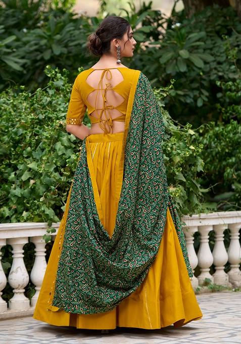 Mustard Gota Embroidered Cotton Lehenga Set With Purse