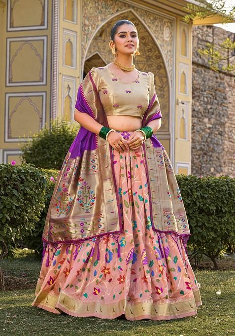 Peach Zari Woven Jacquard Silk Lehenga Set With Purse