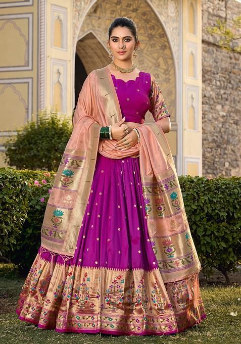 Purple Zari Woven Jacquard Silk Lehenga Set With Purse