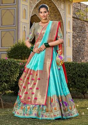 Sky Blue Zari Woven Jacquard Silk Lehenga Set With Purse