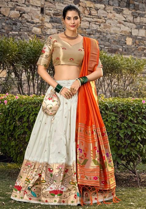 White Zari Woven Jacquard Silk Lehenga Set With Purse