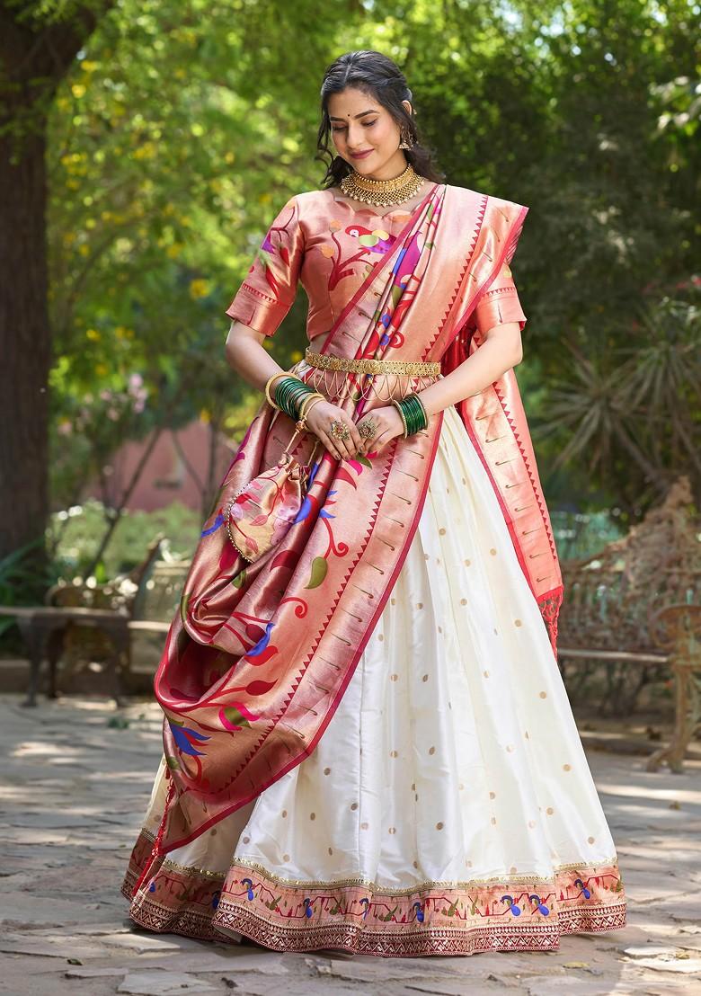 White Woven Jacquard Silk Lehenga Set With Purse