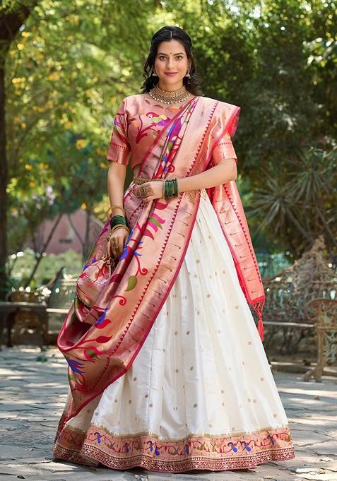 White Woven Jacquard Silk Lehenga Set With Purse