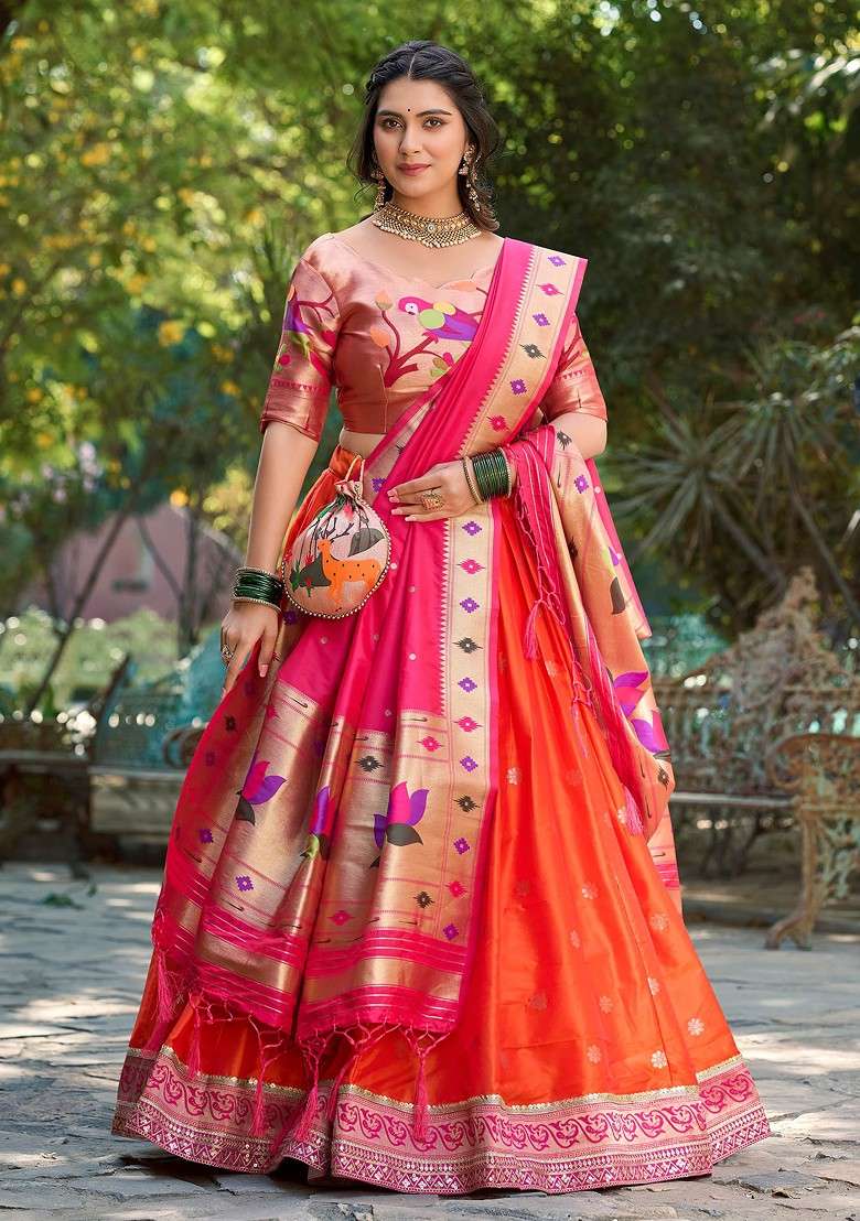 Orange Woven Jacquard Silk Blend Lehenga Set With Purse for Diwali and Festive Wear - Indya