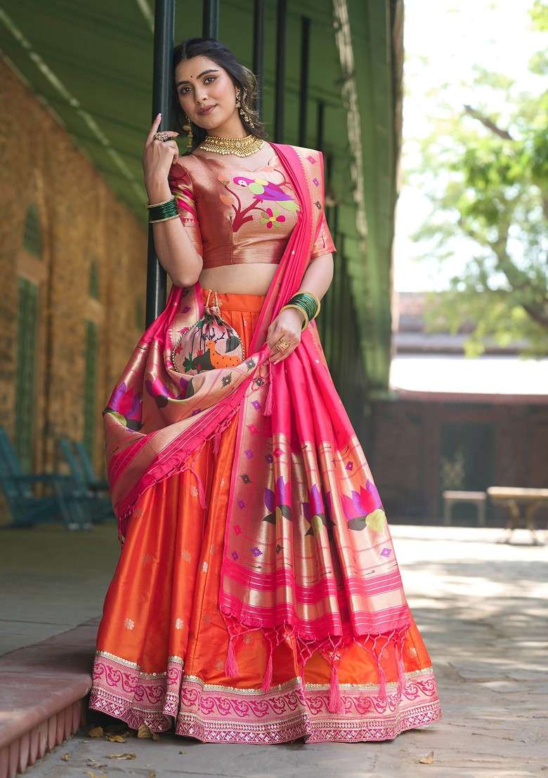 Orange Woven Jacquard Silk Blend Lehenga Set With Purse for Diwali and Festive Wear - Indya