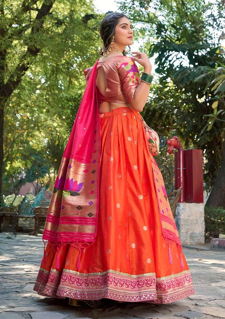 Orange Woven Jacquard Silk Blend Lehenga Set With Purse for Diwali and Festive Wear - Indya