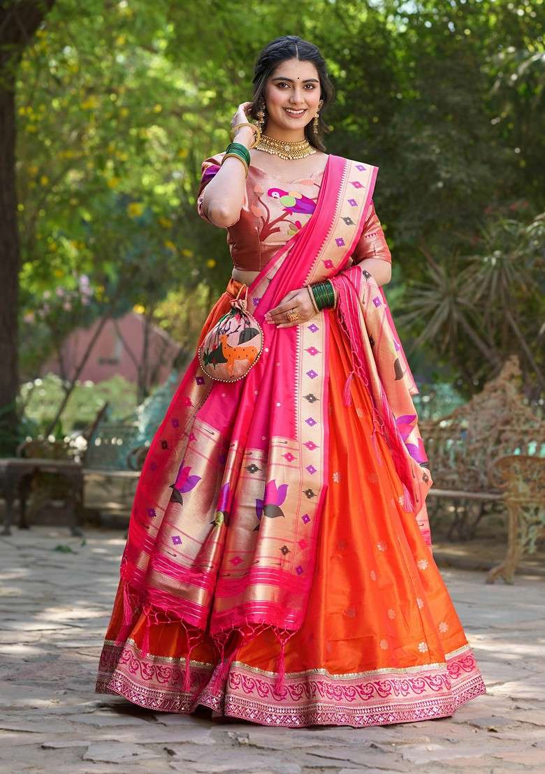 Orange Woven Jacquard Silk Blend Lehenga Set With Purse for Diwali and Festive Wear - Indya