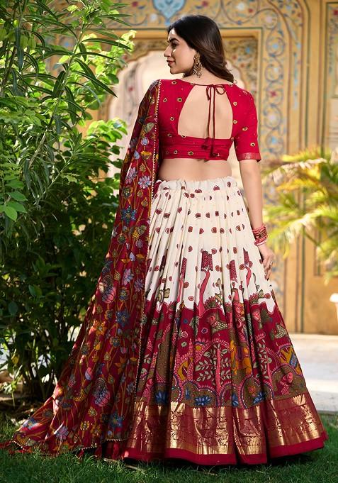 Off White Kalamkari Print Tussar Silk Lehenga Set