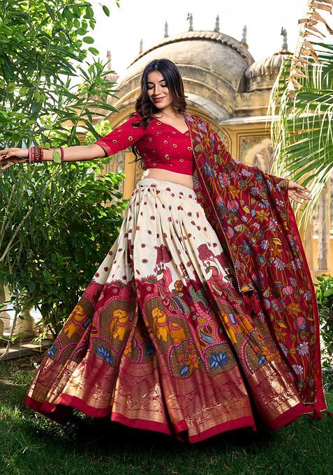 Off White Kalamkari Print Tussar Silk Lehenga Set