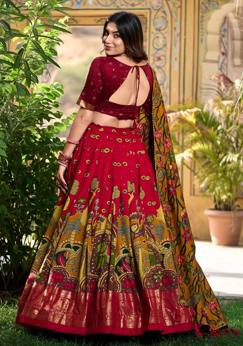 Red Kalamkari Print Tussar Silk Lehenga Set