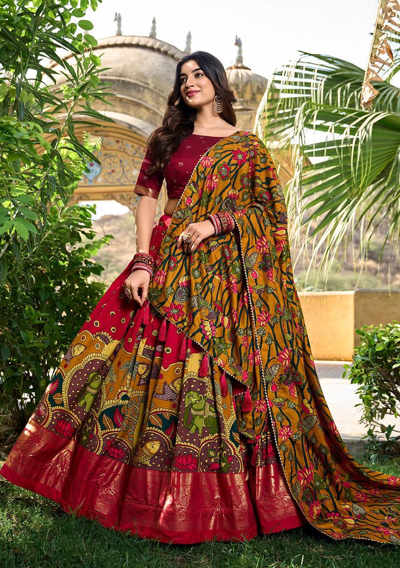 Red Kalamkari Print Tussar Silk Lehenga Set