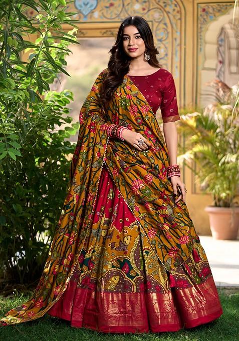 Red Kalamkari Print Tussar Silk Lehenga Set