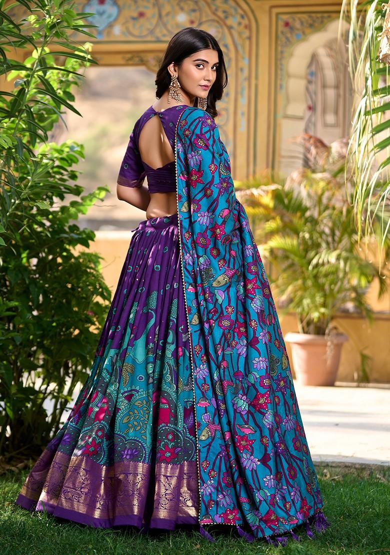 Purple Kalamkari Print Tussar Silk Lehenga Set