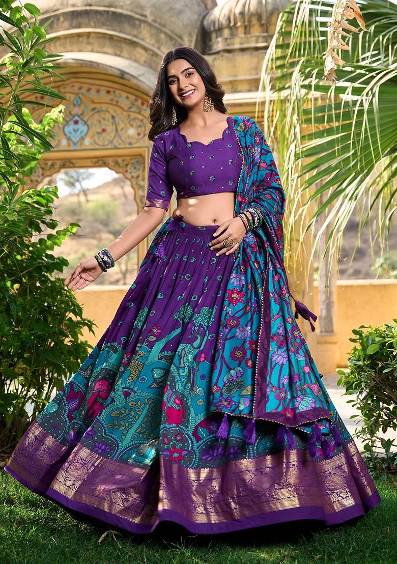 Purple Kalamkari Print Tussar Silk Lehenga Set