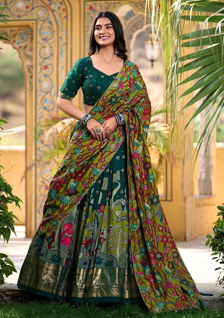 Green Kalamkari Print Tussar Silk Lehenga Set