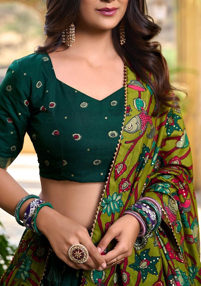 Green Kalamkari Print Tussar Silk Lehenga Set