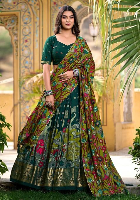 Green Kalamkari Print Tussar Silk Lehenga Set