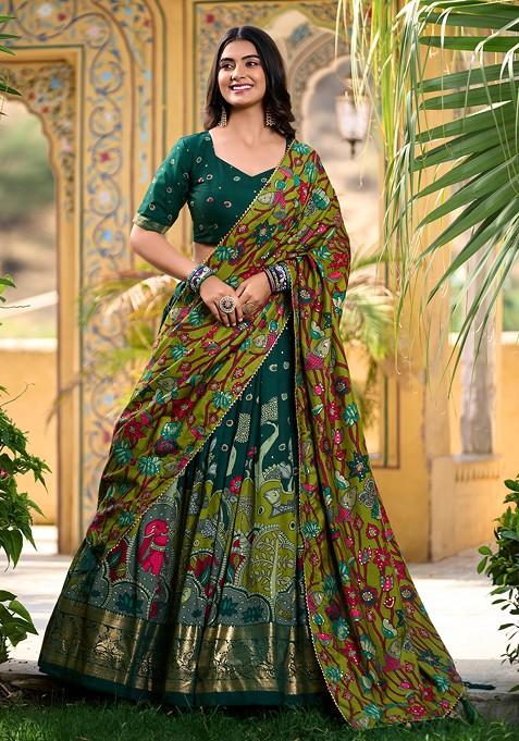 Green Kalamkari Print Tussar Silk Lehenga Set