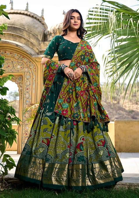 Green Kalamkari Print Tussar Silk Lehenga Set