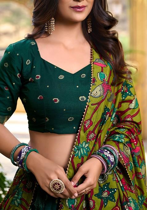 Green Kalamkari Print Tussar Silk Lehenga Set