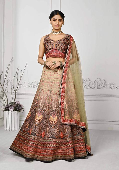 Brown Digital Print Silk Blend Lehenga Set