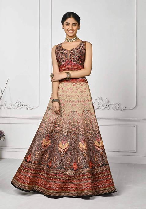 Brown Digital Print Silk Blend Lehenga Set