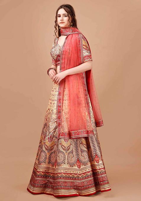 Brown Digital Print Silk Blend Lehenga Set